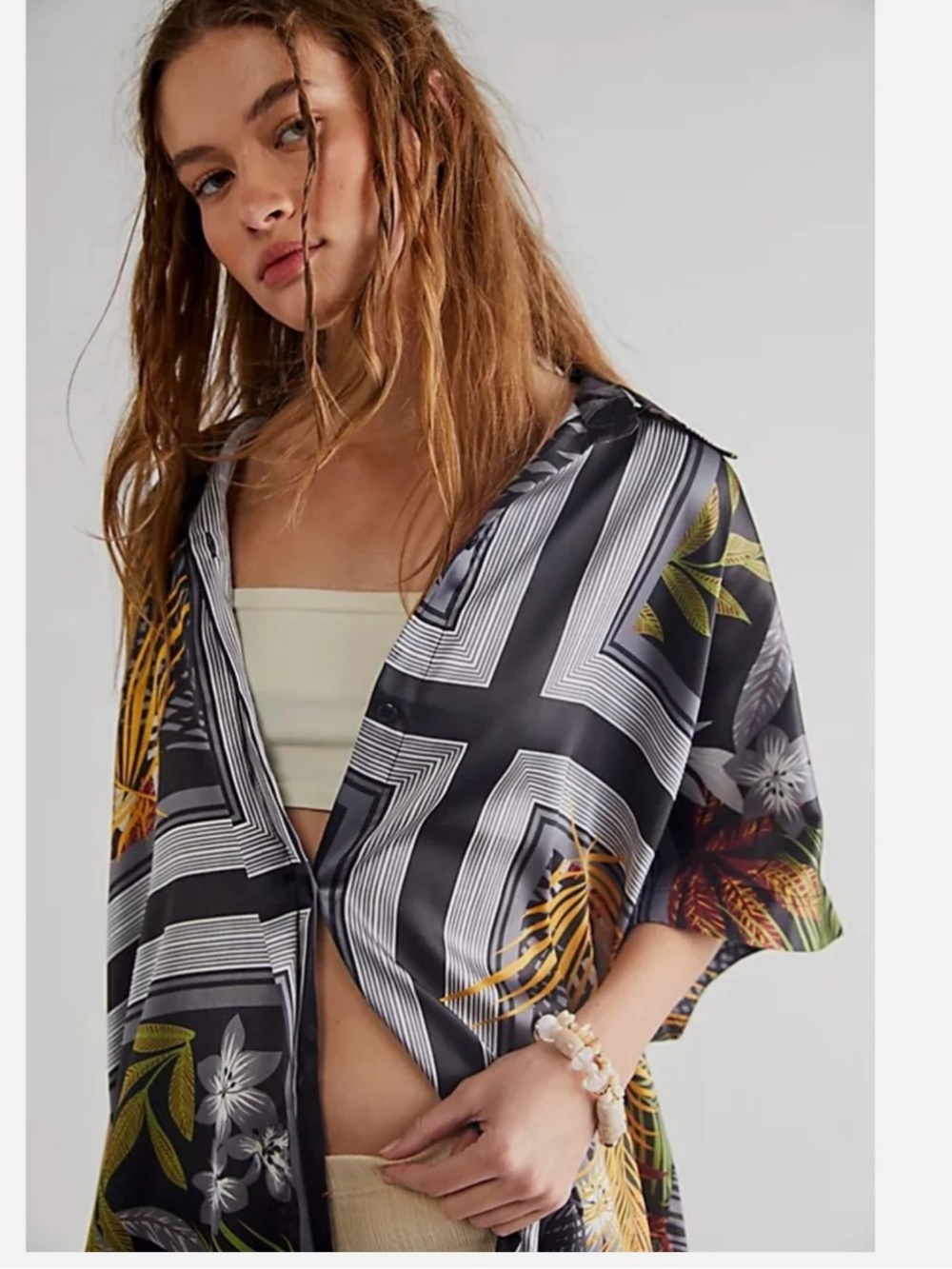 Free People Island Tropical Kimono Print Oversized Button Down Tunic Shirt